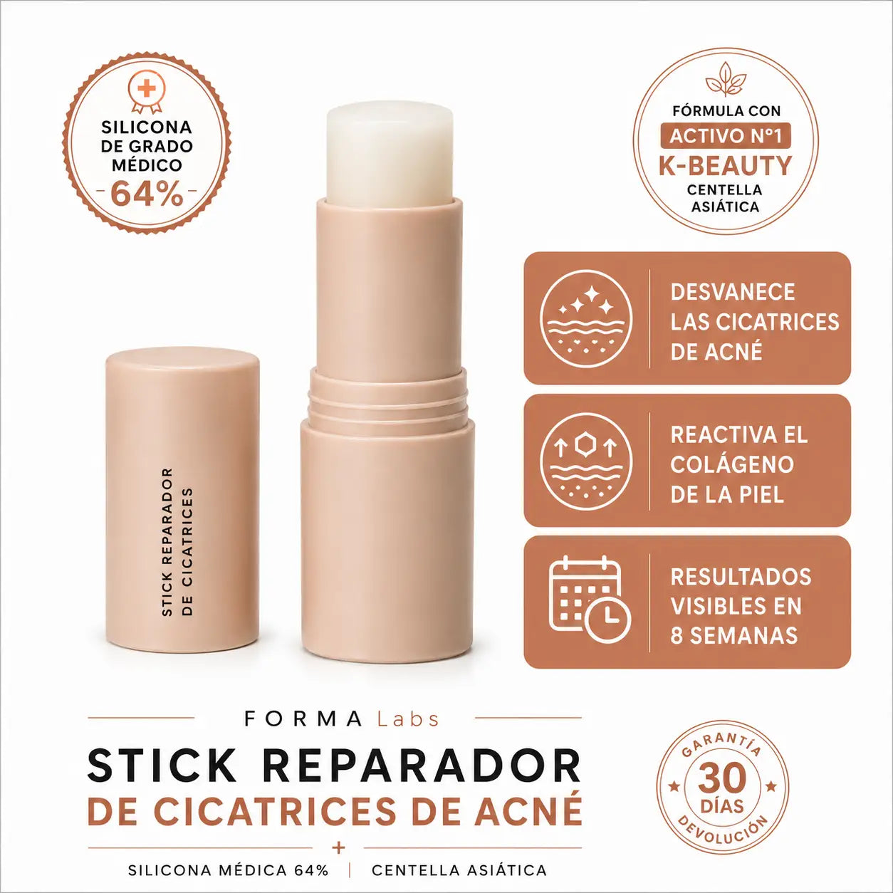 Stick Reparador de Cicatrices de Acné: Con silicona médica al 64% que aplana, suaviza y aclara las marcas que dejó el acné en tu piel.