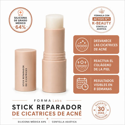 Stick Reparador de Cicatrices de Acné: Con silicona médica al 64% que aplana, suaviza y aclara las marcas que dejó el acné en tu piel.