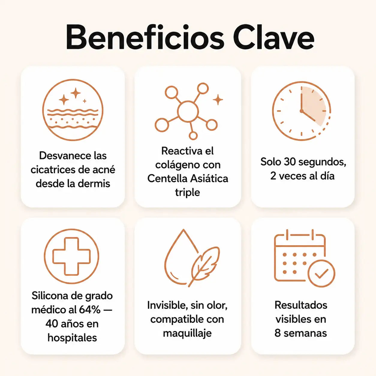 Stick Reparador de Cicatrices de Acné: Con silicona médica al 64% que aplana, suaviza y aclara las marcas que dejó el acné en tu piel.