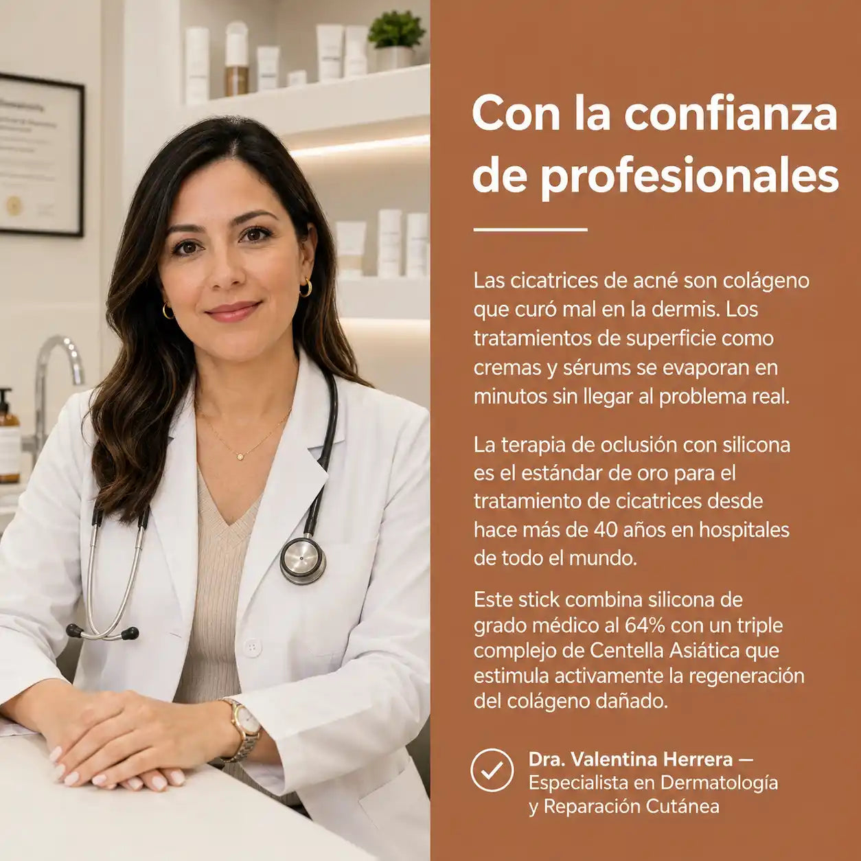 Stick Reparador de Cicatrices de Acné: Con silicona médica al 64% que aplana, suaviza y aclara las marcas que dejó el acné en tu piel.