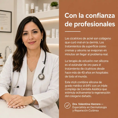 Stick Reparador de Cicatrices de Acné: Con silicona médica al 64% que aplana, suaviza y aclara las marcas que dejó el acné en tu piel.