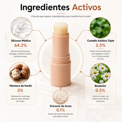 Stick Reparador de Cicatrices de Acné: Con silicona médica al 64% que aplana, suaviza y aclara las marcas que dejó el acné en tu piel.